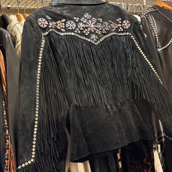 Black Suede Fringe Rhinestone Studded Leather Jacket L Excellent VTG Condition - Picture 6 of 17